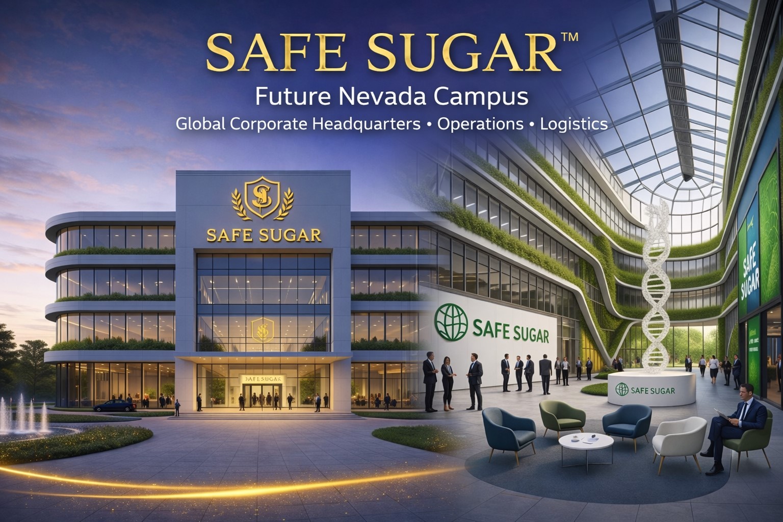 Rendering of the planned SAFE SUGAR™ Nevada campus featuring a modern corporate headquarters, government-ready operations center, and logistics hub designed for institutional and federal procurement infrastructure.